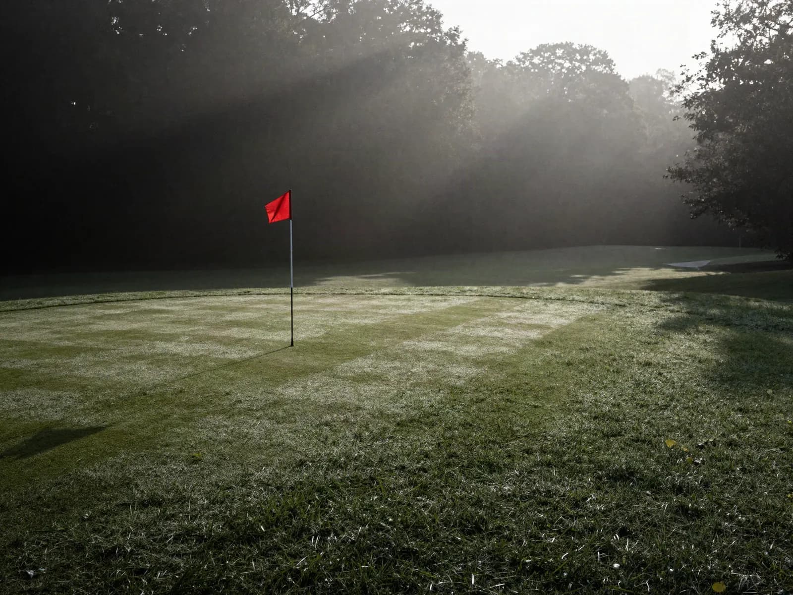 Early morning on a golf fairway with mist sitting on the grass and a flagstick catching first light.