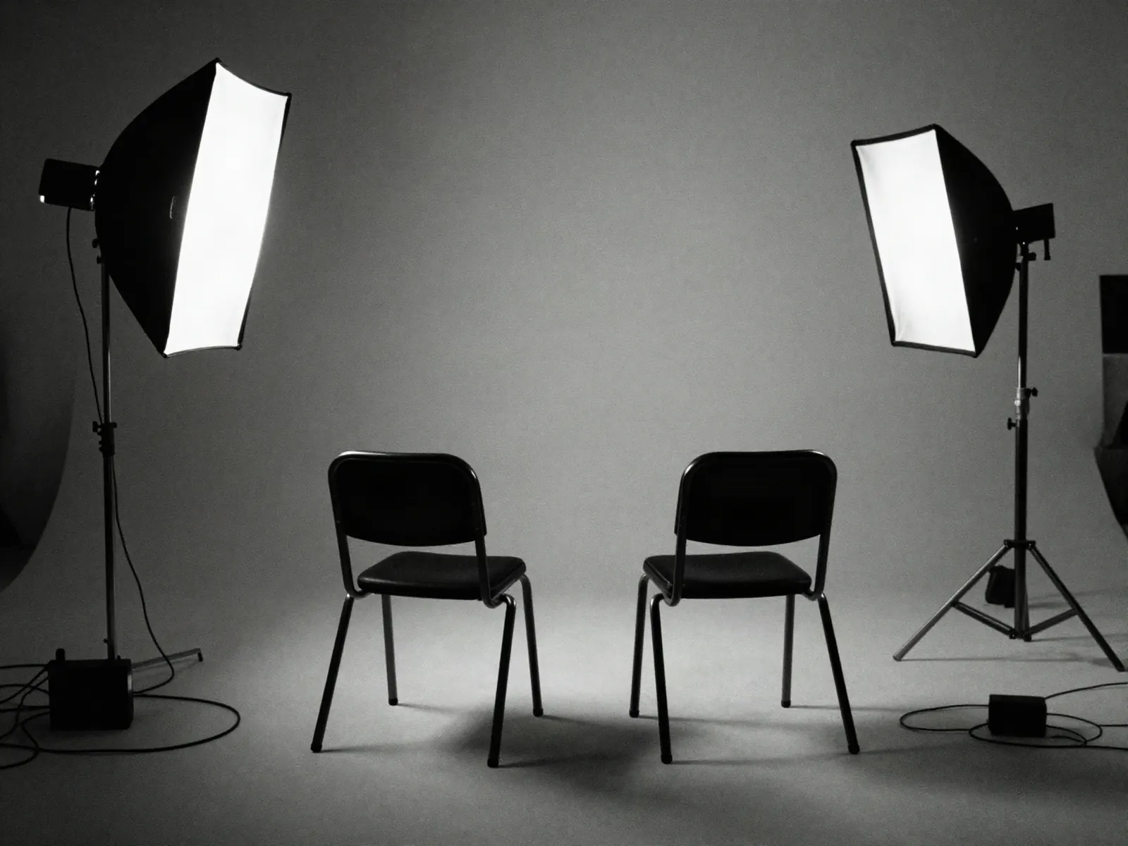 Two empty chairs facing each other on a small interview set with softboxes lit and cables taped across the floor.