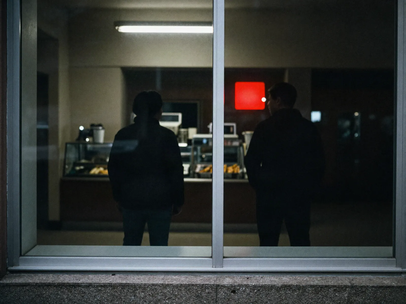 A person outside at night reflected in a shop window, with the lit interior visible straight through the glass at the same time.