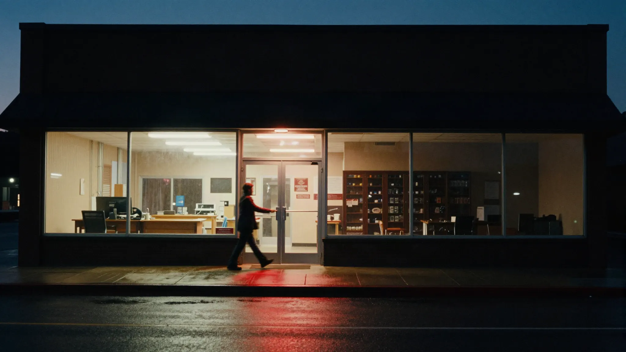An independent storefront at dusk, warm light spilling through the glass onto wet pavement as a customer pulls the door open.