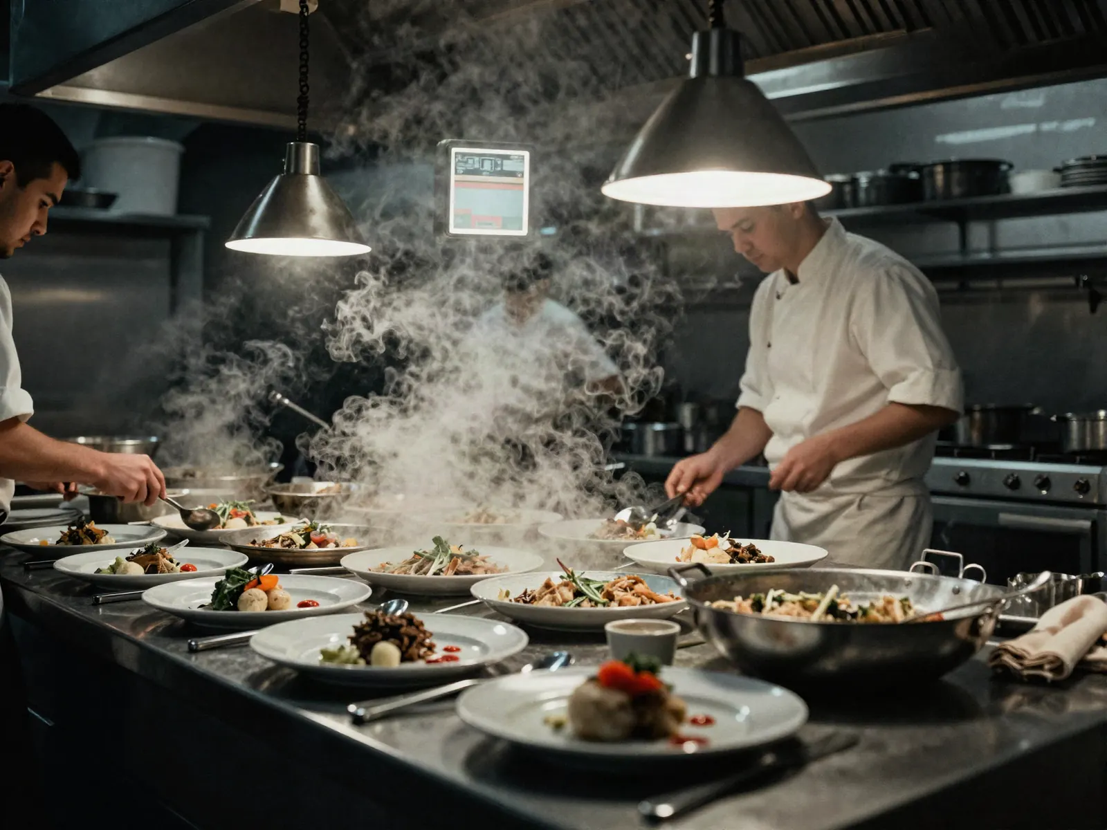 A restaurant kitchen pass mid-service, steam rising off plates as a chef's hands slide a dish forward under heat lamps.