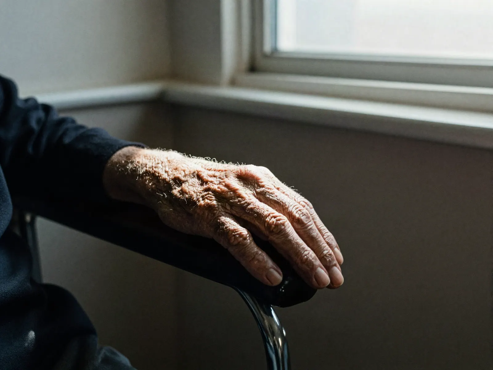 The hands of an older person resting on the arm of a chair beside a bright window, sunlight across the knuckles.